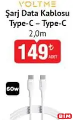 VOLTME ŞARJ DATA KABLOSU TYPE-C - TYPE C 2,0 M 60 W
